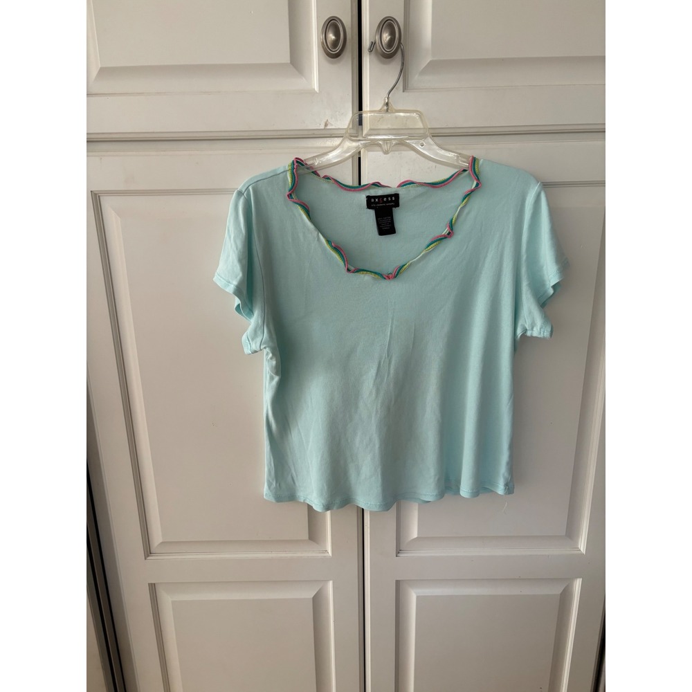 Axcess Liz Claiborne Womens Blue Short Sleeve Lettuce Edge Neck Cotton Tee Small